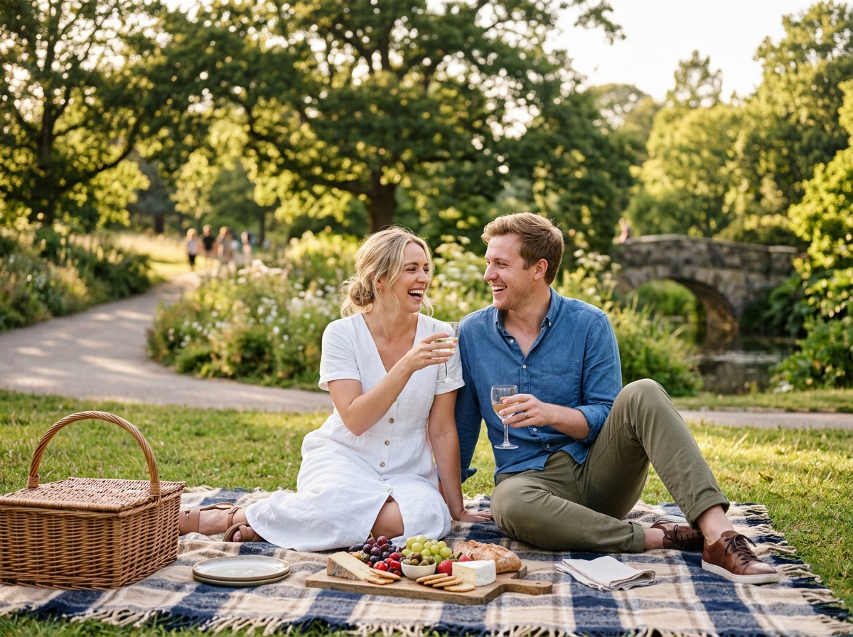 A happy white couple enjoying a romantic picnic in a beautiful park setting